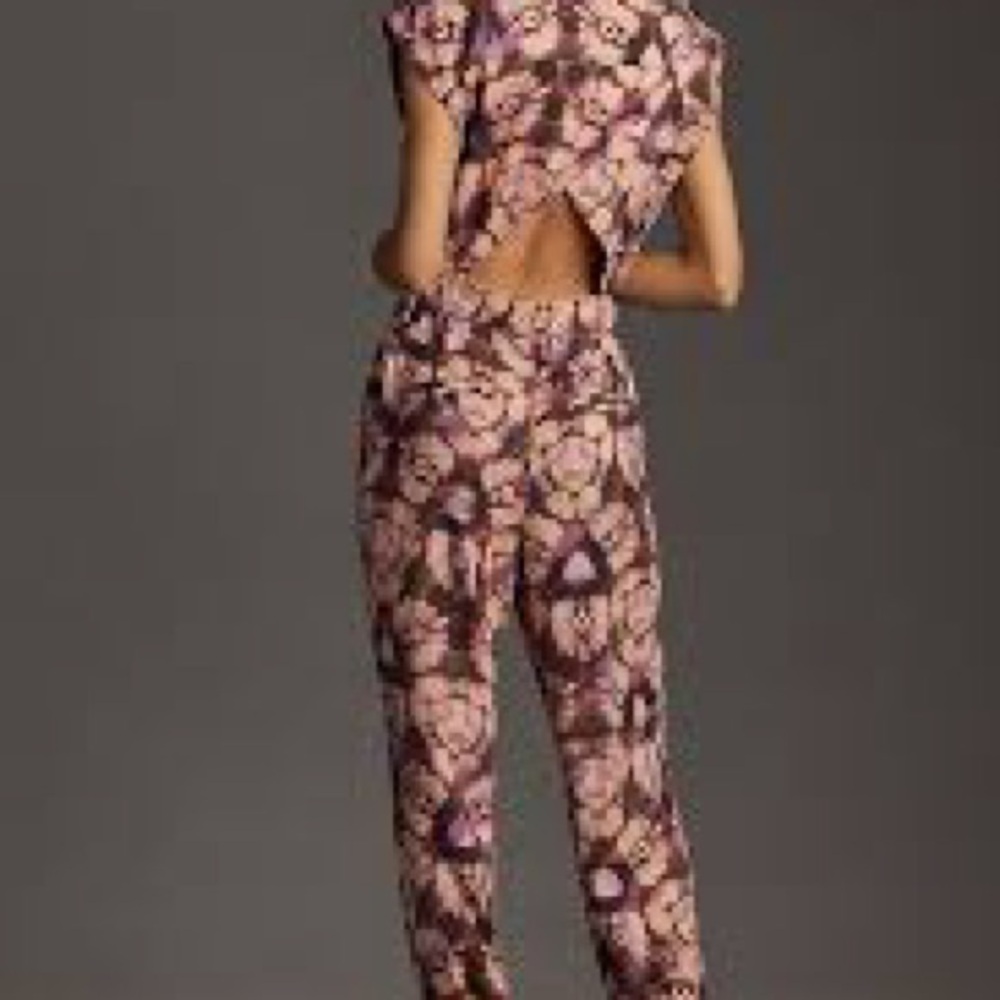 Anthropologie sleeveless cutout printed jumpsuit purple tall